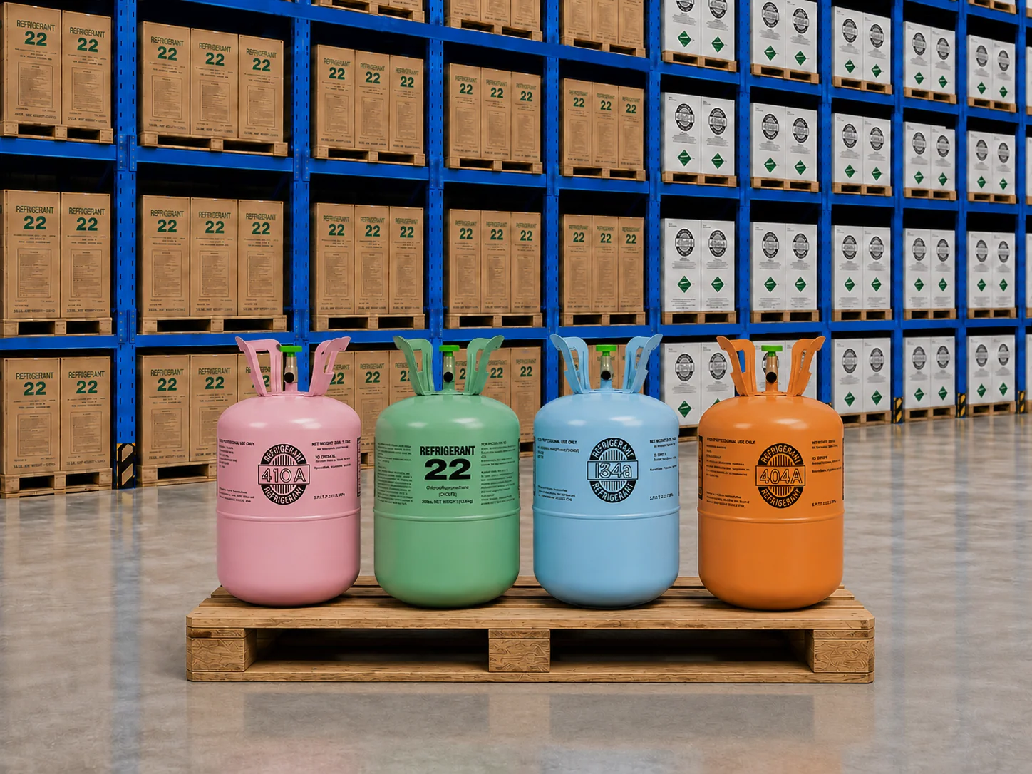 Refrigerant cylinders palletized in our U.S. warehouse